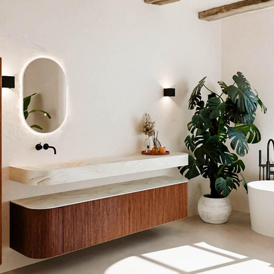 MONDIAZ THOR-DLUX 200cm meuble de salle de bains arrondi gauche + droite couleur Ruby avec 2 tiroirs et 2 portes. Vasque suspendue CLOUD Gauche sans trou de robinet couleur Ostra.