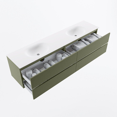 Mondiaz VICA Ensemble meuble de salle de bains - 200cm - army - 4 tiroirs - Lavabo MOON - double sans trou de robinet - couleur talc - version XL 60cm de hauteur