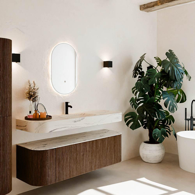 MONDIAZ THOR-DLUX 150cm meuble de salle de bains arrondi gauche + droite couleur Walnut avec 1 tiroir et 2 portes. Vasque suspendue CLOUD Milieu 1 trou de robinet couleur Nata.