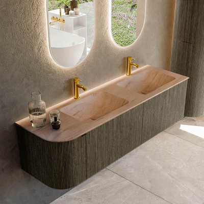 MONDIAZ KURVE-DLUX Meuble de salle de bains 155cm arrondi à gauche couleur Shadow avec 2 tiroirs et 1 porte. Lavabo LEAF Double / Droite 2 trous de robinet Saba.