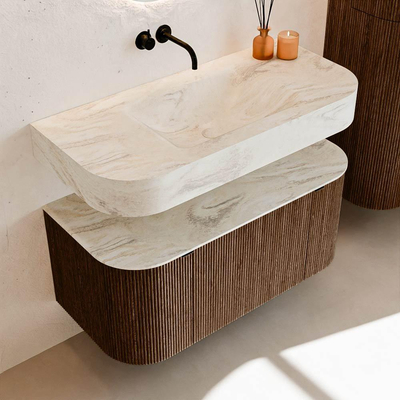 MONDIAZ THOR-DLUX 100cm badmeubel ronding links + rechts kleur Walnut met 1 lade en 2 deuren. Vrijhangende wastafel CLOUD Midden zonder kraangat kleur Ostra.
