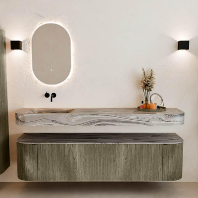 MONDIAZ THOR-DLUX 180cm meuble de salle de bains arrondi gauche + droite couleur Shadow avec 2 tiroirs et 2 portes. Vasque suspendue CLOUD gauche sans trou de robinet couleur Sombra.