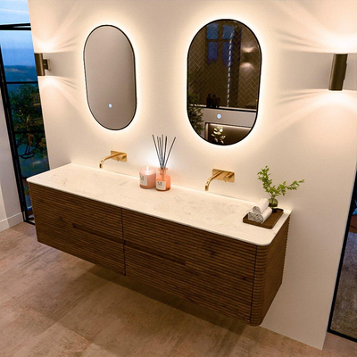 Mondiaz CIRO-DLUX Ensemble meuble de salle de bains - 180x45x50cm - Plan vasque solid surface Opalo - 2 vasques double - sans trous de robinet - 4 tiroirs - Dusk