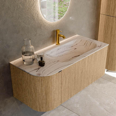 MONDIAZ KURVE-DLUX 105cm badmeubel ronding Links kleur Oak met 1 lade en 1 deur. Wastafel BIG SMALL Rechts 1 kraangat Nata.