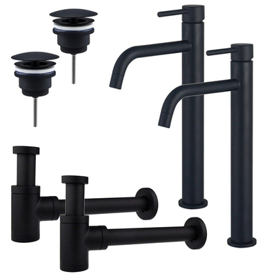 FortiFura Calvi Kit robinet lavabo - pour double vasque - robinet rehaussé - bonde non-obturable - siphon design bas - Noir mat