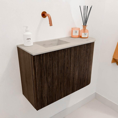 Mondiaz JOYA-DLUX 61.6cm toiletmeubel - ronding rechts kleur Walnut - Wastafel FAYE positie Links Zonder kraangat kleur Opalo.