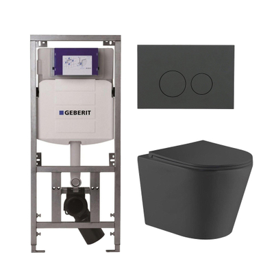 QeramiQ Dely Toiletset - 36.3x51.7cm - diepspoel - rimless - Geberit UP320 inbouwreservoir - met Burda frame - softclose toiletzitting - bedieningsplaat mat antraciet - ronde knoppen - zwart mat