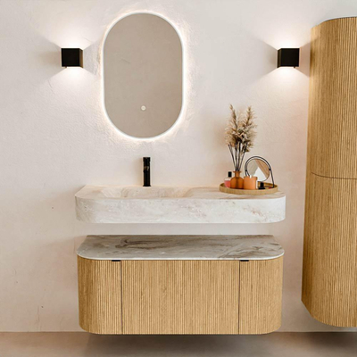MONDIAZ THOR-DLUX 110cm badmeubel ronding links + rechts kleur Oak met 1 lade en 2 deuren. Vrijhangende wastafel CLOUD Links 1 kraangat kleur Frappe.