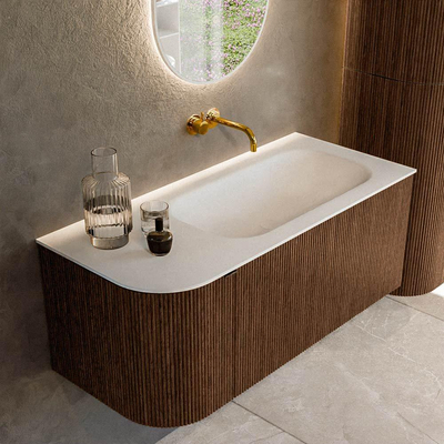 MONDIAZ KURVE Meuble de salle de bains 105 cm avec module 25 L couleur Walnut avec 1 tiroir et 1 porte. Vasque BIG SMALL à droite sans trou de robinet Talc.