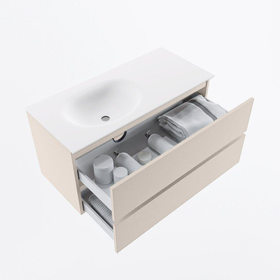 Mondiaz VICA ensemble de meuble de salle de bain - 100cm - meuble sous-vasque lin - 2 tiroirs - lavabo lune gauche - sans trous de robinet - version haute de 60cm - talc