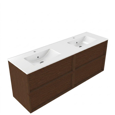 Saniclass Holz Frame Ensemble de meubles de salle de bains - 160x45x62cm - Lavabo en céramique Vygo blanc - 2 vasques - 2 trous de robinetterie - 4 tiroirs - mat walnut pure (bois)