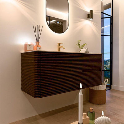 Mondiaz CIRO-DLUX Badkamermeubelset - 120x45x50cm - Solid surface wastafel Frappe - 1 wasbak Midden - 1 kraangat - 2 lades - Walnut