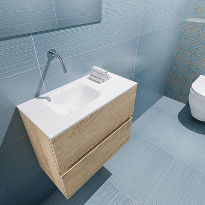 MONDIAZ ADA Toiletmeubel - 60x30x50cm - 0 kraangaten - 2 lades - washed oak mat - wasbak links - Solid surface - Wit