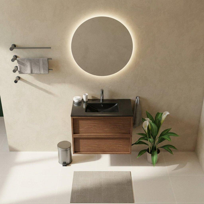 Saniclass Holz Frame Ensemble meuble de salle de bains - 80x45x62cm - lavabo Vygo en céramique noir - 1 vasque - 1 trou de robinetterie - 2 tiroirs - noyer pure mat (bois)