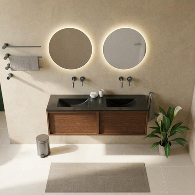 Saniclass Holz Frame Ensemble de meubles de salle de bains - 140x45x42cm - lavabo Vygo en céramique noir - 2 vasques - sans trous de robinetterie - 2 tiroirs - walnut pure mat (bois)