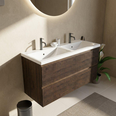 Saniclass Holz Atelier Ensemble de meubles de salle de bains - 120x45x63.5cm - Lavabo Bari en céramique blanc - 2 vasques - 2 trous de robinet - 2 tiroirs - chêne charcoal mat (bois)