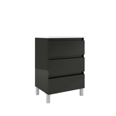 Saniclass Chaci PLUS Meuble de salle de bain - 60x86x46cm - lavabo en céramique blanc - 1 vasque - 1 trou de robinet - 3 tiroirs - miroir rectangulaire - noir mat