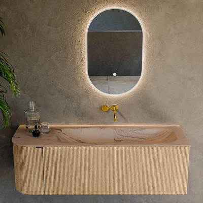 MONDIAZ KURVE-DLUX Meuble de salle de bains 135cm arrondi à gauche couleur Chêne avec 1 tiroir et 1 porte. Lavabo BIG MEDIUM à droite sans trou de robinet Arena.