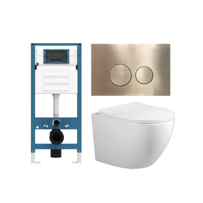 FugaFlow Eccelente Press Toiletset - 48.5x36x32cm - diepspoel - spoelrandloos - inbouwreservoir - softclose - quickrelease - toiletzitting - goud geborsteld metalen bedieningsplaat - ronde knoppen - wit