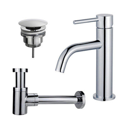 FortiFura Calvi Slim Kit mitigeur lavabo - robinet bas - bonde non-obturable - siphon design bas - Chrome brillant