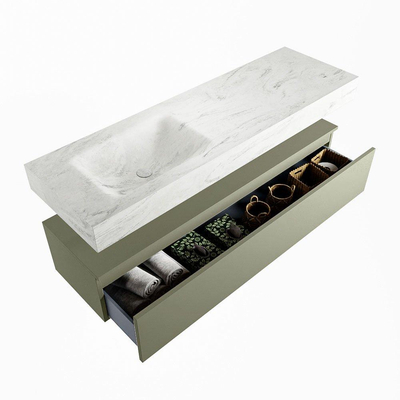 Mondiaz ALAN-DLUX Ensemble de meuble - 150cm - meuble Army mat - 1 tiroir - Lavabo Cloud Opalo suspendu - vasque Gauche - 0 trous de robinet
