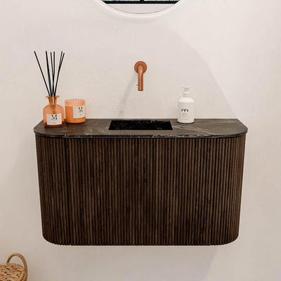 Mondiaz JOYA-DLUX 73.2cm toiletmeubel - ronding links en rechts kleur Walnut - Wastafel FAYE positie Midden Zonder kraangat kleur Lava.