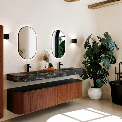 MONDIAZ THOR-DLUX 190cm meuble de salle de bains arrondi gauche + droite couleur Ruby avec 2 tiroirs et 2 portes. Vasque suspendue CLOUD Double 2 trous de robinet couleur Lava.