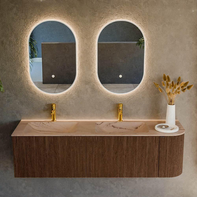 MONDIAZ KURVE-DLUX 155cm badmeubel ronding Rechts kleur Walnut met 2 lades en 1 deur. Wastafel LEAF Dubbel / Links 2 kraangaten Arena.