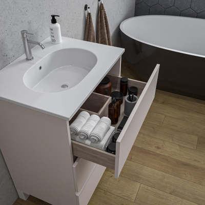 Saniclass Chaci PLUS Meuble de salle de bain - 60x86x46cm - lavabo en céramique blanc - 1 vasque ovale - 1 trou de robinet - 3 tiroirs - miroir rectangulaire - mat cotton (beige)