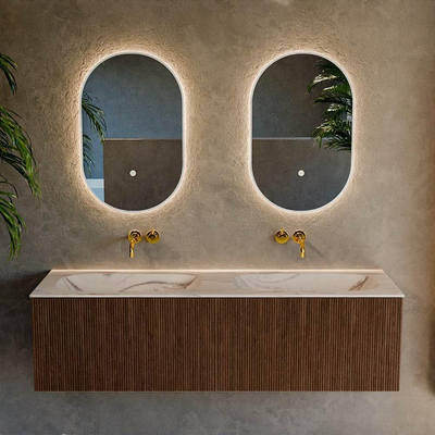 MONDIAZ KURVE-DLUX 150cm badmeubel kleur Walnut met 2 lades en 0 deuren. Wastafel STOR SMALL Dubbel zonder kraangat Nata.