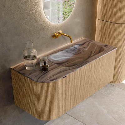 MONDIAZ KURVE-DLUX 105cm badmeubel ronding Links kleur Oak met 1 lade en 1 deur. Wastafel BIG SMALL Rechts zonder kraangat Sombra.