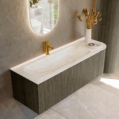 Mondiaz KURVE-DLUX Ensemble de meuble salle de bain - 135x46x40cm - 1 tiroir - 1 porte - lavabo en solid surface - gauche - 1 trou de robinet - Shadow
