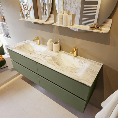 Mondiaz VICA-DLUX ensemble de meuble de salle de bain - 150cm - meuble sous-vasque armée - 4 tiroirs - lavabo encastré nuage double - 2 trous de robinet - version haute de 60cm - glace