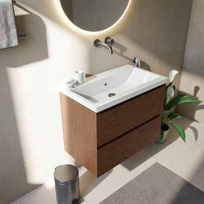Saniclass Holz Pure Ensemble meuble de salle de bains - 80x45x63.5cm - Bari lavabo en céramique blanc - 1 vasque - sans trou de robinetterie - 2 tiroirs - mat walnut pure (bois)