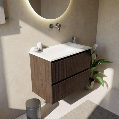 Saniclass Holz Atelier Ensemble de meuble de salle de bains - 80x45x77.5cm - lavabo Torino en solid surface blanc - sans trou de robinet - 2 tiroirs - chêne charcoal mat (bois)