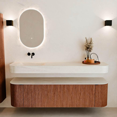 MONDIAZ THOR-DLUX Meuble de salle de bains 170cm arrondi gauche + droite couleur Ruby avec 1 tiroir et 2 portes. Vasque suspendue CLOUD Gauche sans trou de robinet couleur Meli.