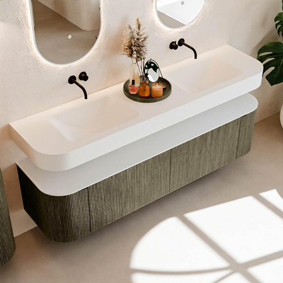 MONDIAZ THOR Meuble de salle de bains 180cm arrondi gauche + droite couleur Shadow avec 2 tiroirs et 2 portes. Vasque suspendue CLOUD Double sans trou de robinet couleur Talc.