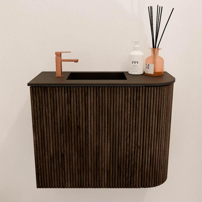 Mondiaz JOYA 51.6cm meuble de toilette - arrondi droit couleur Walnut - Vasque FAYE position Gauche 1 trou de robinet couleur Urban.