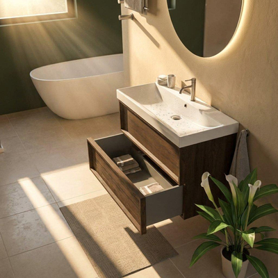 Saniclass Holz Frame Ensemble meuble de salle de bains - 100x45x67.5cm - lavabo Wave en céramique - 1 vasque - 1 trou de robinetterie - 2 tiroirs - chêne charcoal mat (bois)