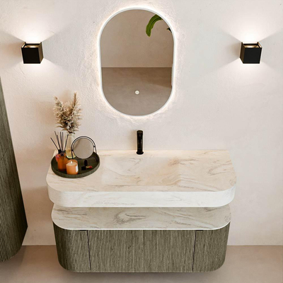 MONDIAZ THOR-DLUX 120cm meuble de salle de bains arrondi gauche + droite couleur Shadow avec 1 tiroir et 2 portes. Vasque suspendue CLOUD Milieu 1 trou de robinet couleur Ostra.