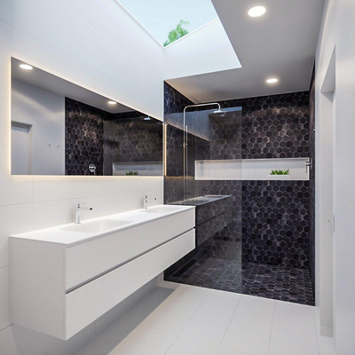 MONDIAZ VICA Ensemble de meuble salle de bain - 200cm - 4 tiroirs - lavabo Cloud double - 2 trous de robinet - solid surface talc