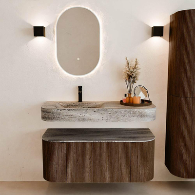 MONDIAZ THOR-DLUX 110cm meuble de salle de bains arrondi gauche + droite couleur Walnut avec 1 tiroir et 2 portes. Vasque suspendue CLOUD gauche 1 trou de robinet couleur Oza.