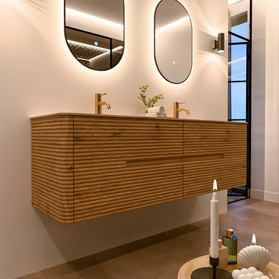 Mondiaz CIRO-DLUX Badkamermeubelset - 160x45x50cm - Solid surface wastafel Saba - 2 wasbak Dubbel - 2 kraangaten - 4 lades - Oak