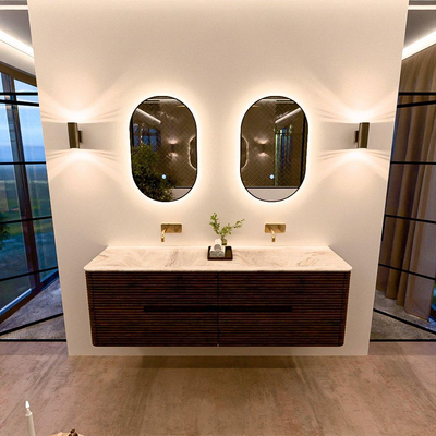 Mondiaz CIRO-DLUX Ensemble de meubles de salle de bains - 160x45x50cm - Plan vasque solid surface Frappe - 2 vasques double - sans trous de robinet - 4 tiroirs - Noyer
