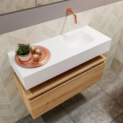 MONDIAZ ANDOR Toiletmeubel - 80x30x30cm - 0 kraangaten - 1 lades - washed oak mat - wasbak rechts - Solid surface - Wit