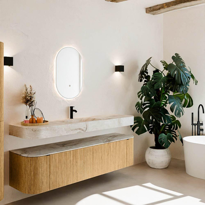 MONDIAZ THOR-DLUX 180cm meuble de salle de bains arrondi gauche + droite couleur Oak avec 2 tiroirs et 2 portes. Vasque suspendue CLOUD Milieu 1 trou de robinet couleur Frappe.