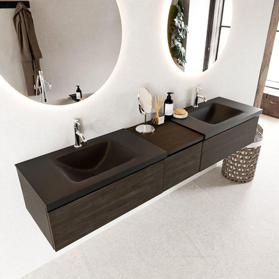 MONDIAZ BUKLA 200cm meuble de salle de bain avec module 40 couleur Marron Foncé avec 3 tiroirs. Lavabo CLOUD double 2 trous de robinet couleur Urban.