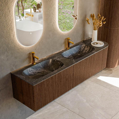 MONDIAZ KURVE-DLUX meuble de salle de bains 175cm avec module 25 R couleur Walnut avec 2 tiroirs et 1 porte. Lavabo STOR SMALL double / gauche 2 trous de robinet couleur Lava.