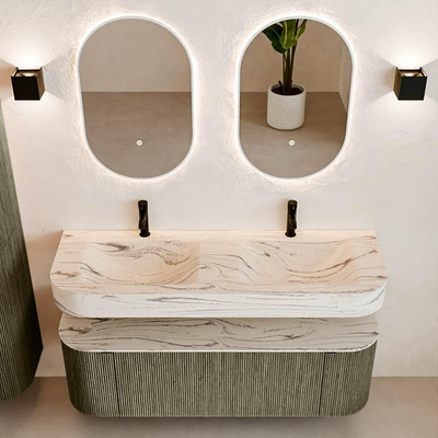 MONDIAZ THOR-DLUX 140cm meuble de salle de bains arrondi gauche + droite couleur Shadow avec 1 tiroir et 2 portes. Vasque suspendue CLOUD Double 2 trous de robinet couleur Nata.