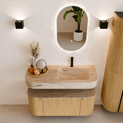 MONDIAZ THOR-DLUX 110cm badmeubel ronding links + rechts kleur Oak met 1 lade en 2 deuren. Vrijhangende wastafel CLOUD Rechts 1 kraangat kleur Arena.